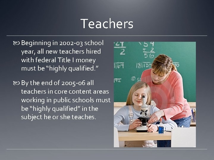 Teachers Beginning in 2002 -03 school year, all new teachers hired with federal Title Teachers Beginning in 2002 -03 school year, all new teachers hired with federal Title