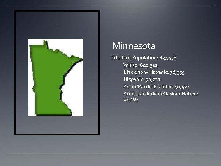 Minnesota Student Population: 837, 578 White: 640, 312 Black/non-Hispanic: 78, 359 Hispanic: 50, 721 Minnesota Student Population: 837, 578 White: 640, 312 Black/non-Hispanic: 78, 359 Hispanic: 50, 721