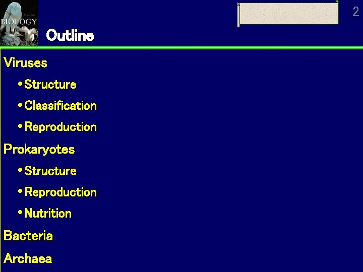 2 Outline Viruses Structure Classification Reproduction Prokaryotes Structure Reproduction Nutrition Bacteria Archaea 