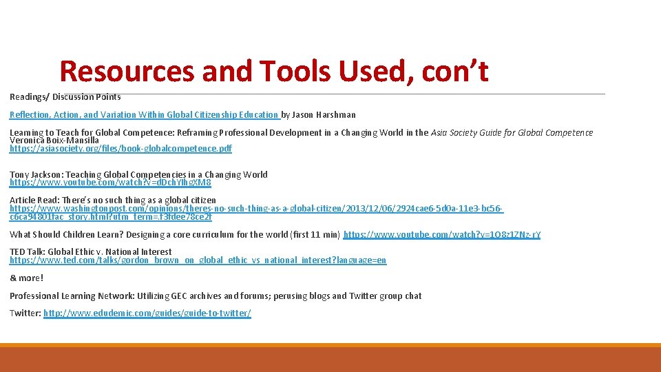 Resources and Tools Used, con’t Readings/ Discussion Points Reflection, Action, and Variation Within Global