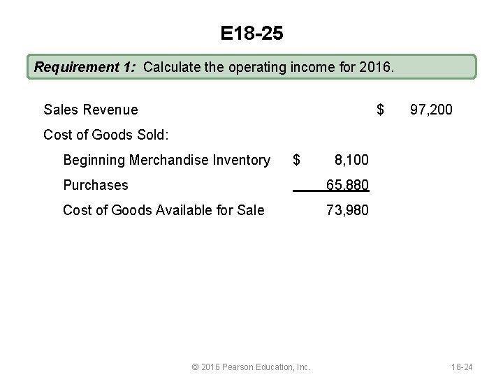 E 18 -25 Requirement 1: Calculate the operating income for 2016. Sales Revenue $