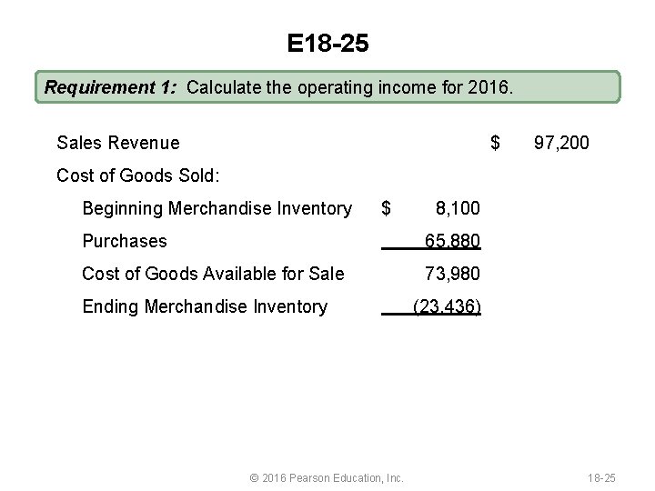 E 18 -25 Requirement 1: Calculate the operating income for 2016. Sales Revenue $