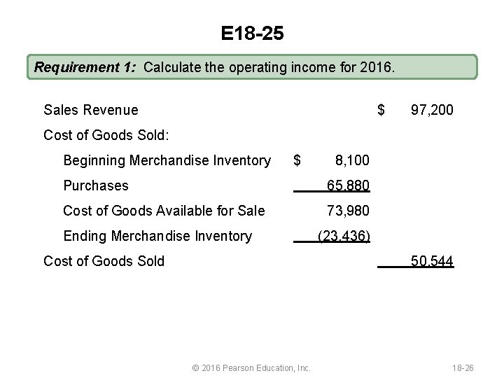 E 18 -25 Requirement 1: Calculate the operating income for 2016. Sales Revenue $