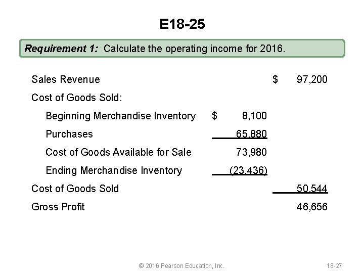 E 18 -25 Requirement 1: Calculate the operating income for 2016. Sales Revenue $