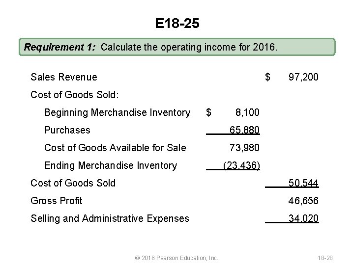 E 18 -25 Requirement 1: Calculate the operating income for 2016. Sales Revenue $