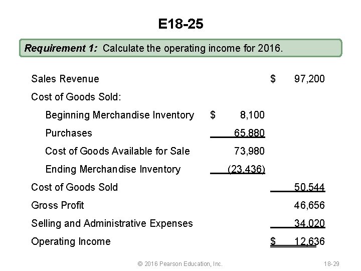 E 18 -25 Requirement 1: Calculate the operating income for 2016. Sales Revenue $