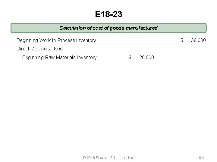 E 18 -23 Calculation of cost of goods manufactured Beginning Work-in-Process Inventory $ Direct