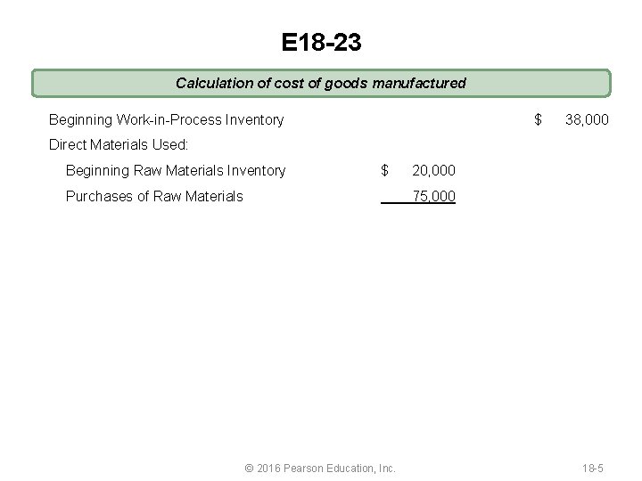 E 18 -23 Calculation of cost of goods manufactured Beginning Work-in-Process Inventory $ Direct