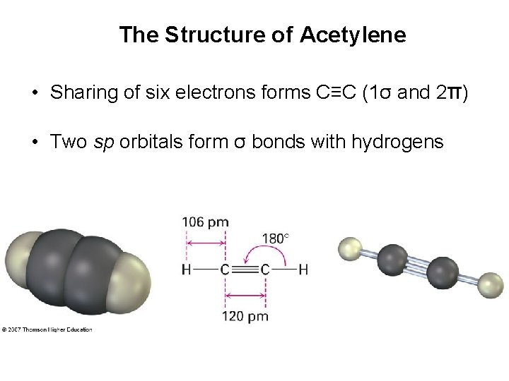 The Structure of Acetylene • Sharing of six electrons forms C≡C (1σ and 2π)