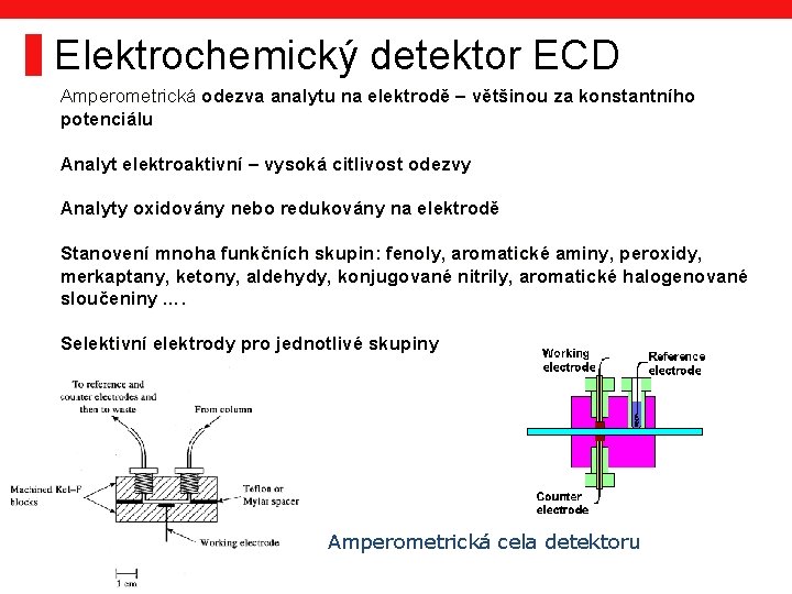 Elektrochemický detektor ECD Amperometrická odezva analytu na elektrodě – většinou za konstantního potenciálu Analyt