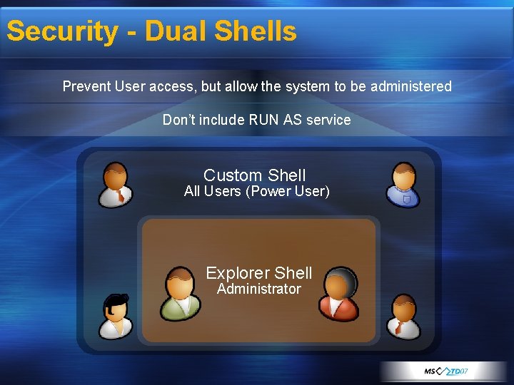 Security - Dual Shells Prevent User access, but allow the system to be administered