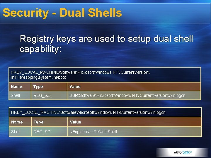 Security - Dual Shells Registry keys are used to setup dual shell capability: HKEY_LOCAL_MACHINESoftwareMicrosoftWindows