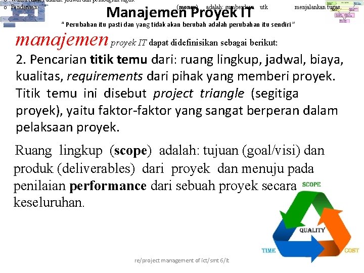 o Waktu (time) adalah: jadwal dan pembagian tugas. o Pendanaan Manajemen Proyek IT (money) o Waktu (time) adalah: jadwal dan pembagian tugas. o Pendanaan Manajemen Proyek IT (money)