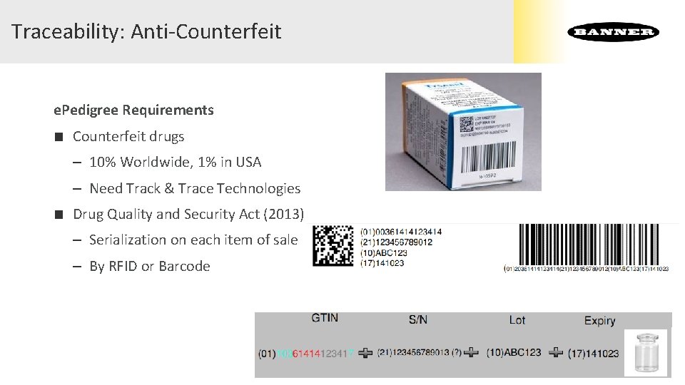 Traceability: Anti-Counterfeit e. Pedigree Requirements ■ Counterfeit drugs – 10% Worldwide, 1% in USA Traceability: Anti-Counterfeit e. Pedigree Requirements ■ Counterfeit drugs – 10% Worldwide, 1% in USA