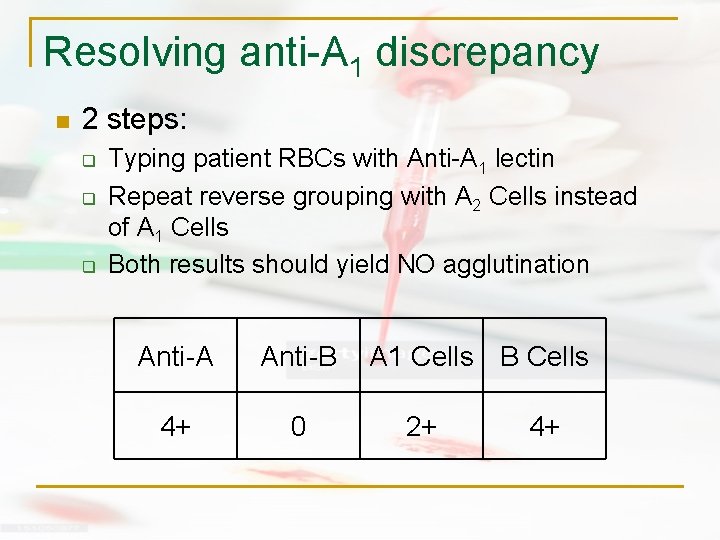 Resolving anti-A 1 discrepancy n 2 steps: q q q Typing patient RBCs with