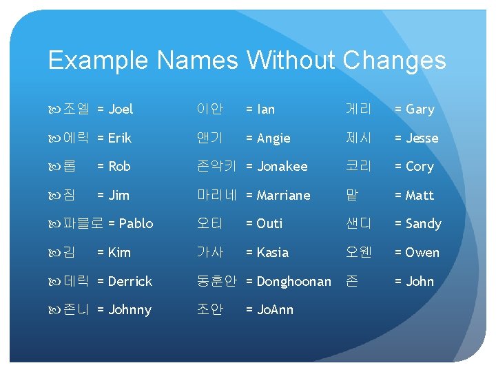 Example Names Without Changes 조엘 = Joel 이안 = Ian 게리 = Gary 에릭