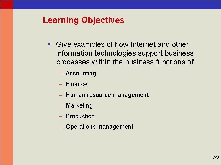 Learning Objectives • Give examples of how Internet and other information technologies support business