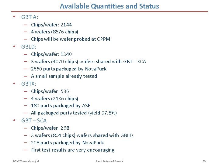 Available Quantities and Status • GBTIA: – Chips/wafer: 2144 – 4 wafers (8576 chips)