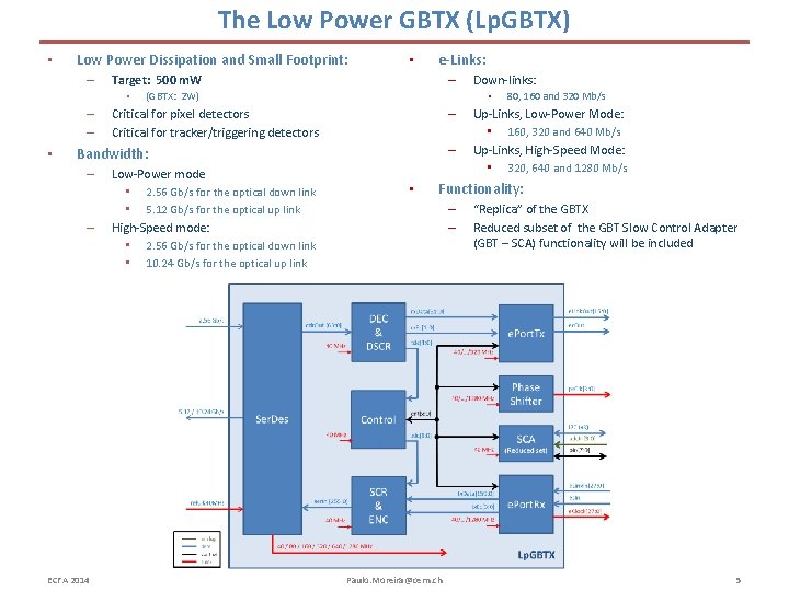 The Low Power GBTX (Lp. GBTX) • Low Power Dissipation and Small Footprint: –