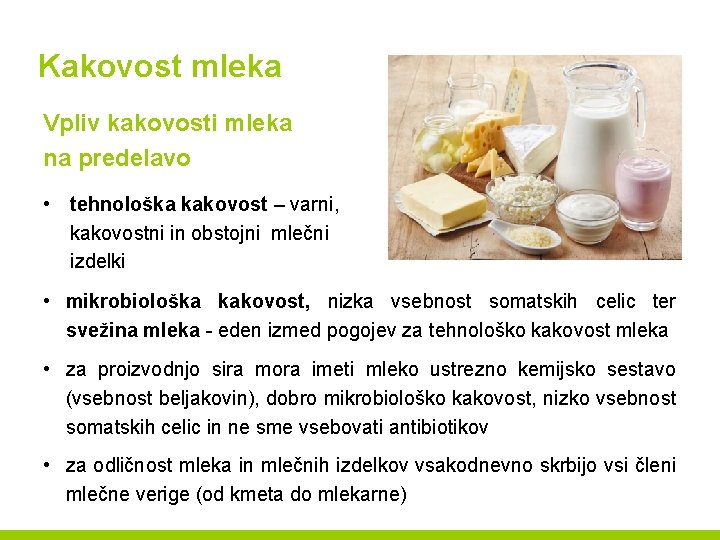 Kakovost mleka Vpliv kakovosti mleka na predelavo • tehnološka kakovost – varni, kakovostni in