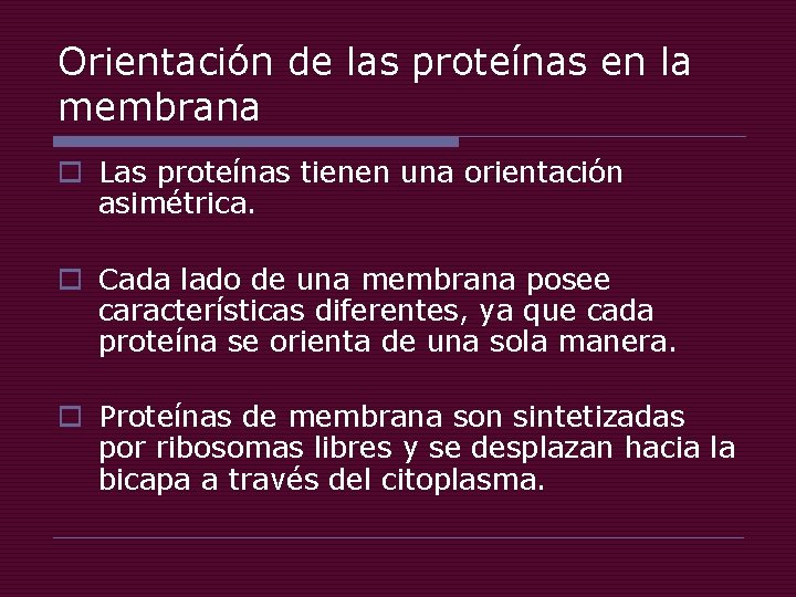 Orientación de las proteínas en la membrana o Las proteínas tienen una orientación asimétrica.