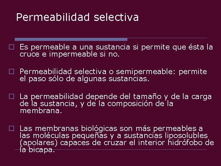 Permeabilidad selectiva o Es permeable a una sustancia si permite que ésta la cruce