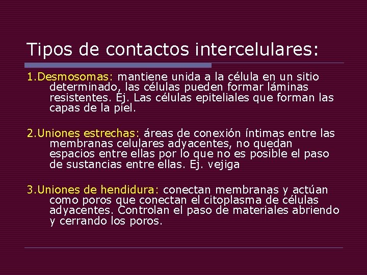 Tipos de contactos intercelulares: 1. Desmosomas: mantiene unida a la célula en un sitio