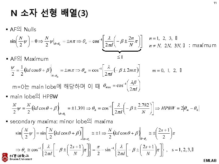 11 N 소자 선형 배열(3) § AF의 Nulls : maximum § AF의 Maximum m=0는