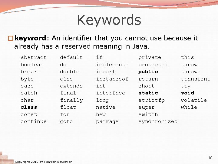 Keywords �keyword: An identifier that you cannot use because it already has a reserved