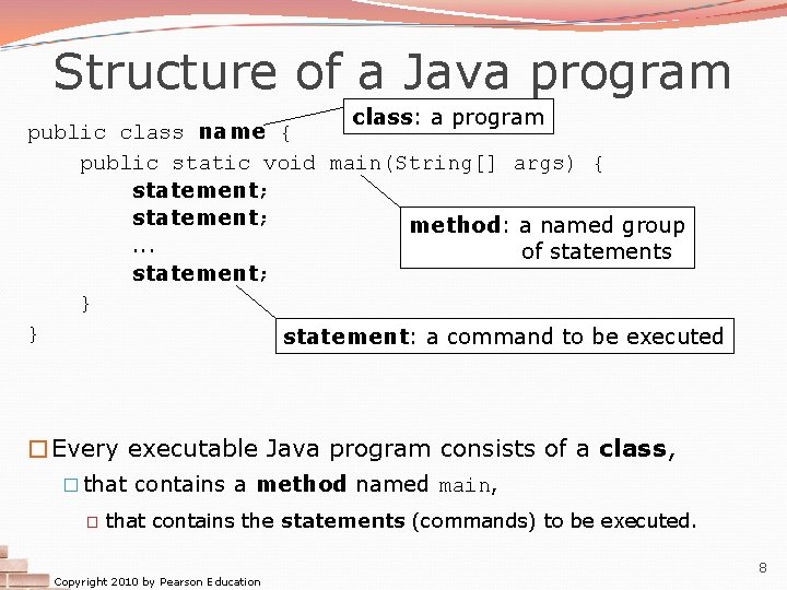 Structure of a Java program class: a program public class name { public static