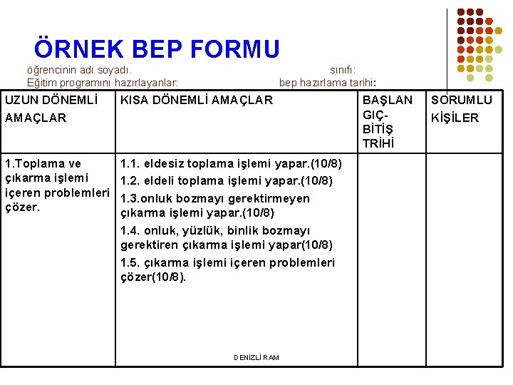 ÖRNEK BEP FORMU öğrencinin adı soyadı. Eğitim programını hazırlayanlar: sınıfı: bep hazırlama tarihi: UZUN