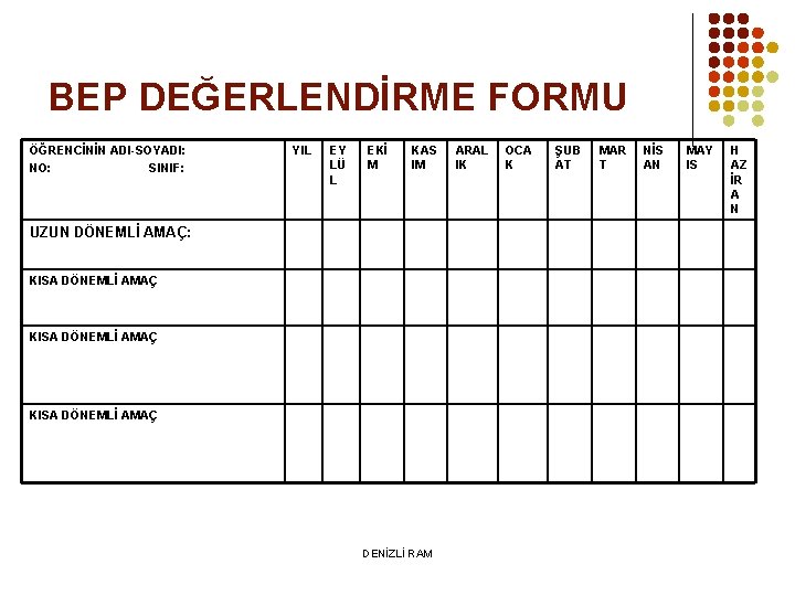 BEP DEĞERLENDİRME FORMU ÖĞRENCİNİN ADI-SOYADI: NO: SINIF: YIL EY LÜ L EKİ M KAS