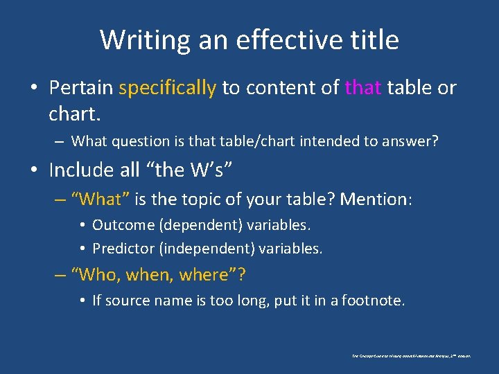 Writing an effective title • Pertain specifically to content of that table or chart. Writing an effective title • Pertain specifically to content of that table or chart.