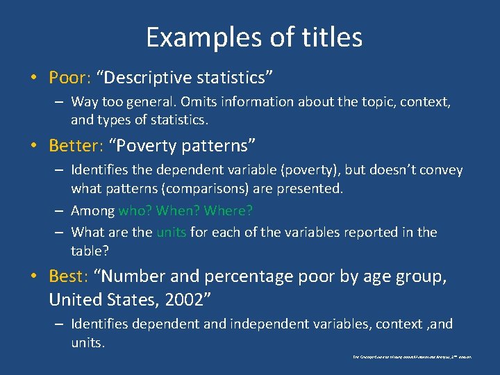 Examples of titles • Poor: “Descriptive statistics” – Way too general. Omits information about Examples of titles • Poor: “Descriptive statistics” – Way too general. Omits information about