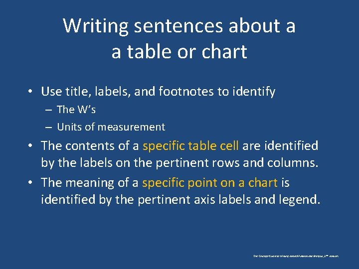 Writing sentences about a a table or chart • Use title, labels, and footnotes Writing sentences about a a table or chart • Use title, labels, and footnotes