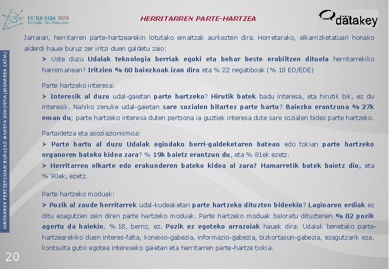 HERRITARREN PARTE-HARTZEA Jarraian, herritarren parte-hartzearekin lotutako emaitzak aurkezten dira. Horretarako, elkarrizketatuari honako HIRITARREN PERTZEPZIOARI