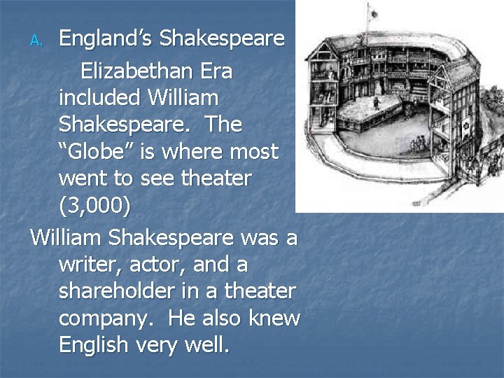 England’s Shakespeare Elizabethan Era included William Shakespeare. The “Globe” is where most went to