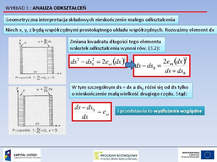 WYKŁAD 3 : ANALIZA ODKSZTAŁCEŃ Geometryczna interpretacja składowych nieskończenie małego odkształcenia Niech x, y,
