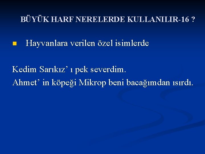 BÜYÜK HARF NERELERDE KULLANILIR-16 ? n Hayvanlara verilen özel isimlerde Kedim Sarıkız’ ı pek