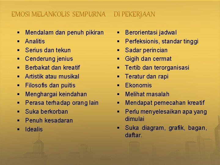 EMOSI MELANKOLIS SEMPURNA DI PEKERJAAN § § § Mendalam dan penuh pikiran Analitis Serius