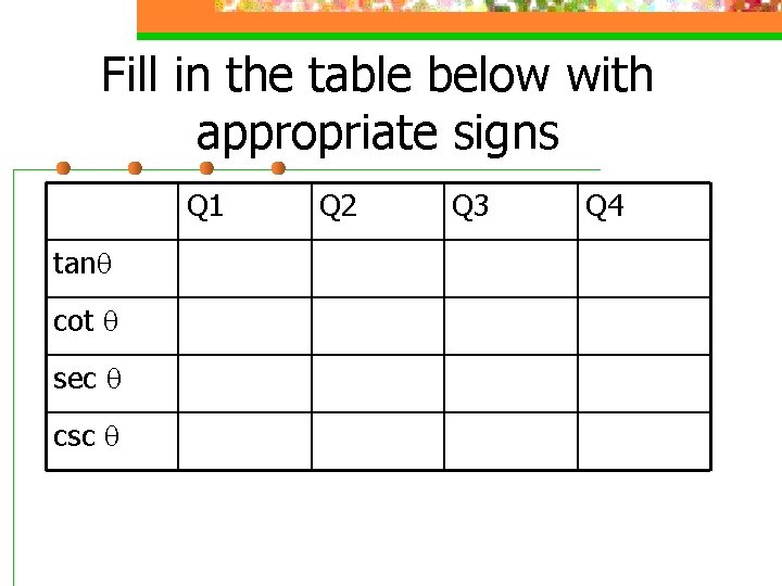 Fill in the table below with appropriate signs Q 1 tan cot sec csc