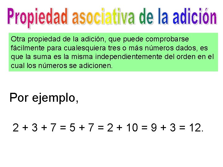 Otra propiedad de la adición, que puede comprobarse fácilmente para cualesquiera tres o más