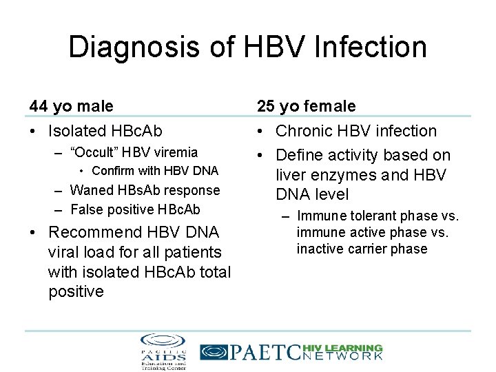 Diagnosis of HBV Infection 44 yo male 25 yo female • Isolated HBc. Ab