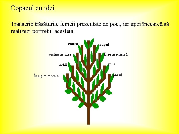 Copacul cu idei Transcrie trăsăturile femeii prezentate de poet, iar apoi încearcă să realizezi