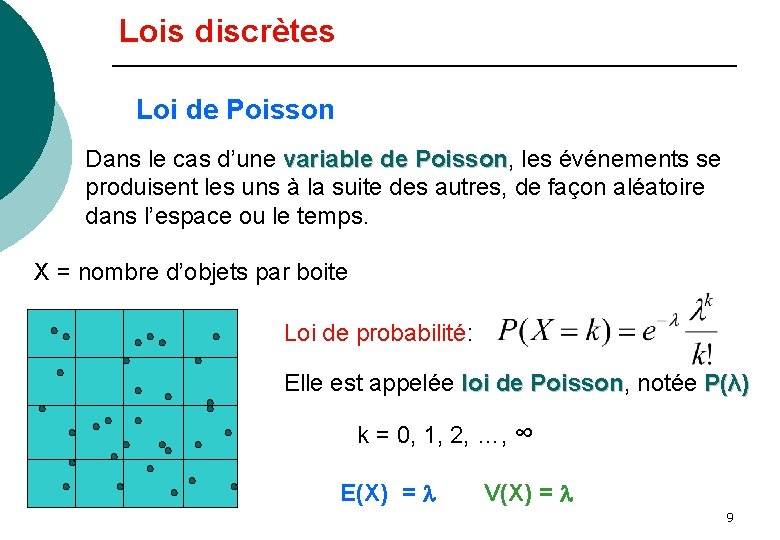 Lois discrètes Loi de Poisson Dans le cas d’une variable de Poisson, les événements