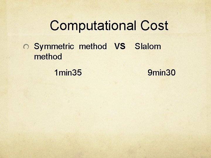 Computational Cost Symmetric method VS method 1 min 35 Slalom 9 min 30 