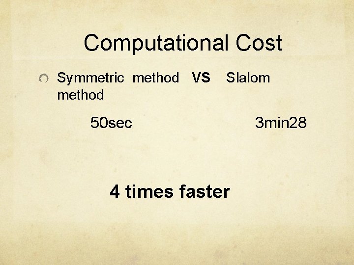 Computational Cost Symmetric method VS method Slalom 50 sec 4 times faster 3 min