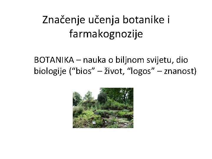 Značenje učenja botanike i farmakognozije BOTANIKA – nauka o biljnom svijetu, dio biologije (“bios”