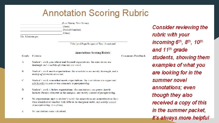 Annotation Scoring Rubric Consider reviewing the rubric with your incoming 6 th, 8 th,