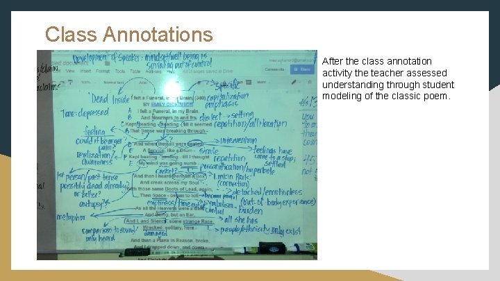 Class Annotations After the class annotation activity the teacher assessed understanding through student modeling